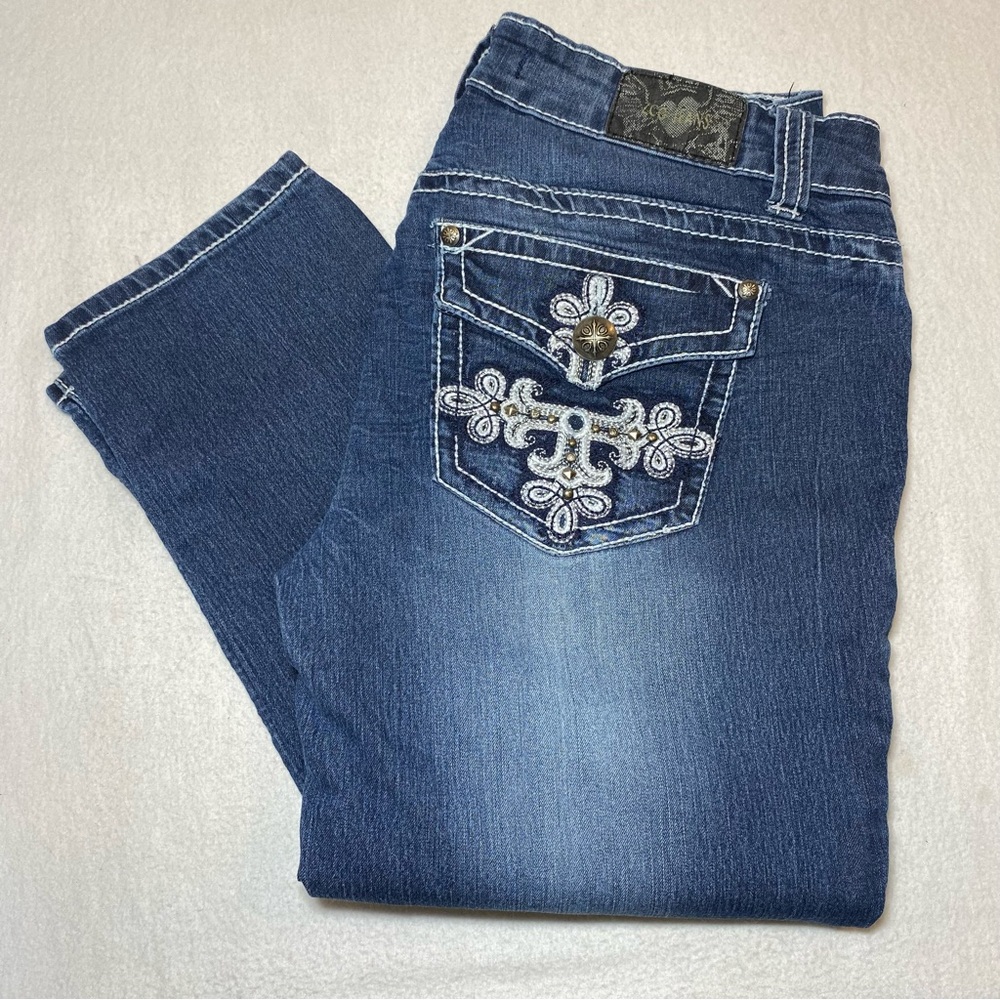 ZCO Jeans Skinny Medium Wash Rhinestone Bedazzled Studded Cross Blue Womens 7 29